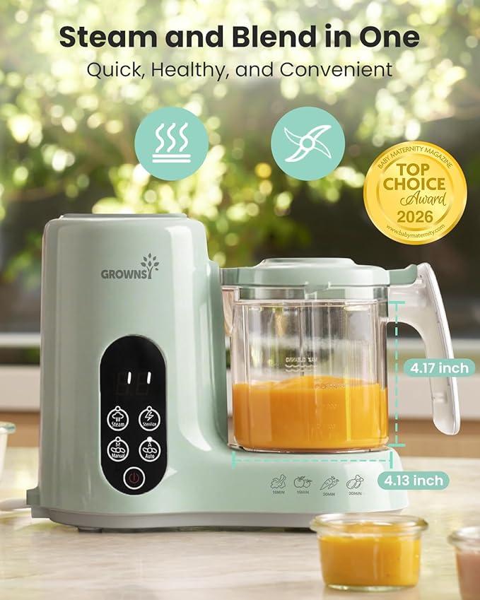 Grownsy Baby Food Maker with Steam Basket, One Step Baby Food Processor Steamer Puree Blender Grinder Mills Machine, Auto Cooking Grinding and Sterili-zing for Healthy Homemade Baby Food, Green