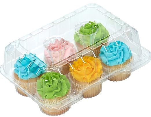 Decony Cupcake Boxes 6 Count [ MADE IN USA ]- Clear Plastic Cupcake Containers with 4" High Dome Lid- Durable Cupcake Holders- Each Cup Cake Box Holds 6 Cupcakes- 12 Pack
