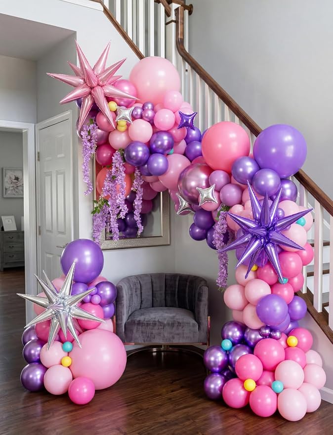 Pink and Purple Balloon Garland Arch Kit, 144 PCS Purple and Pink Balloons with Music Notes, Microphone and Starburst Foil Balloons, for Girls Birthday Party, Karaoke, Pop Music Theme Decorations