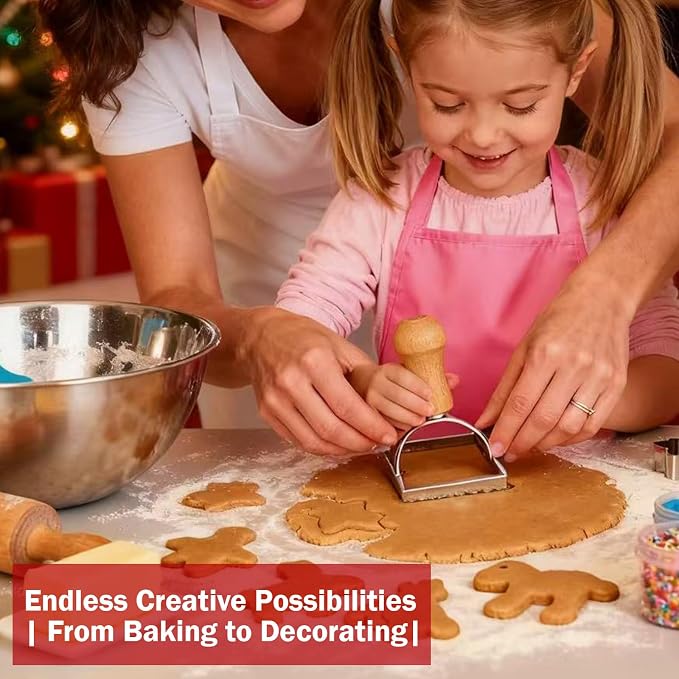 Christmas Cookie Cutter Roller Set of 5 – Biscuit Molds with Oak Wooden Handles, Includes Round/Heart/Square Rolling Pastry Cutter for Baking Holiday Cookies & Biscuits