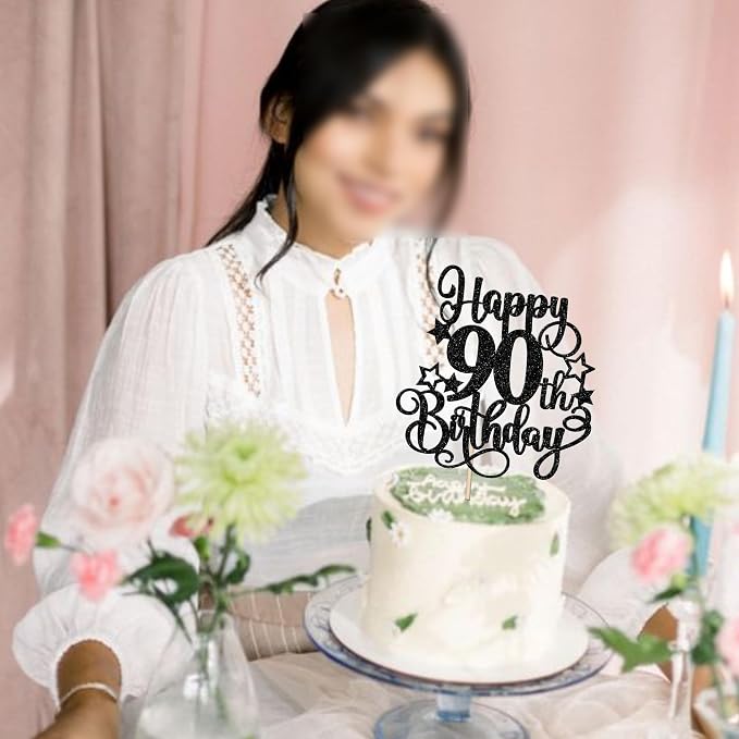 1 PCS Happy 90th Birthday Cake Topper Glitter Cheers to 90 Years Birthday Cake Pick Hello 90 Fabulous Cake Decoration for Happy 90th Birthday Anniversary Party Decorations Supplies Black