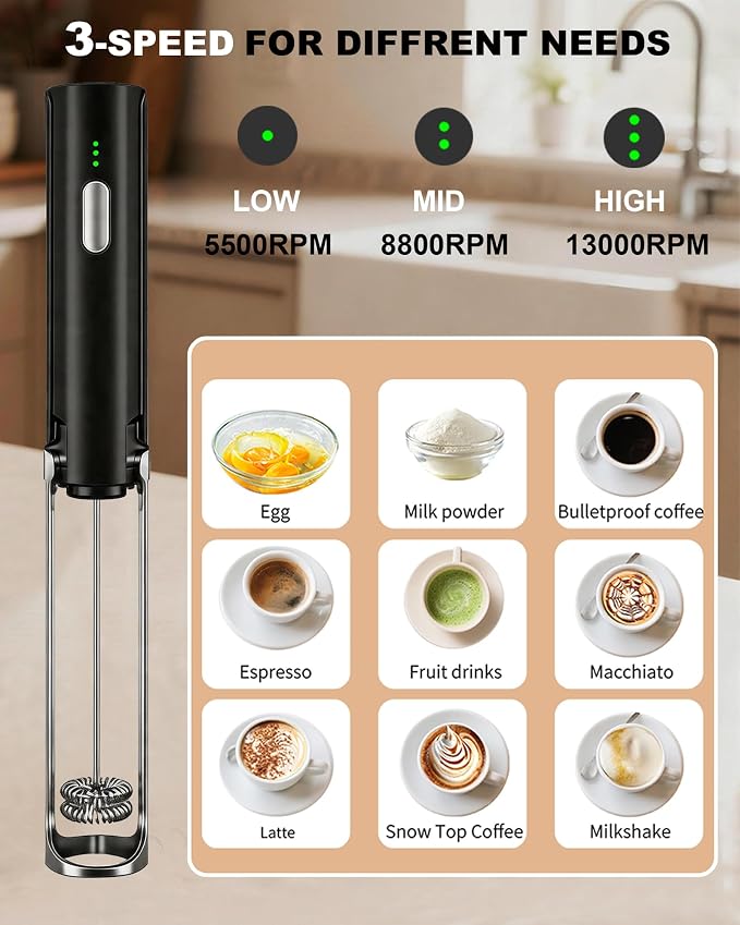 3-Speed Rechargeable Milk Frother Handheld with Stand & 3 Whisks, Dual Coil Whisk Coffee Frother Handheld - Electric Frother Wand for Coffee Matcha Cappuccino, Kitchen Gift Set, Black