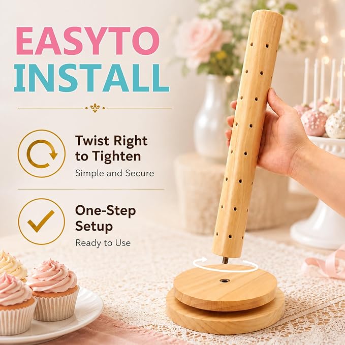 Wooden Cake Pop Stand Kit with 360° Spinning Base, 49Hole Lollipop Holder with Cake Ball Scoop, 100 Paper Sticks, 100 Clear Treat Bags and 100 Twist Ties, Easy Twist Assembly for Parties
