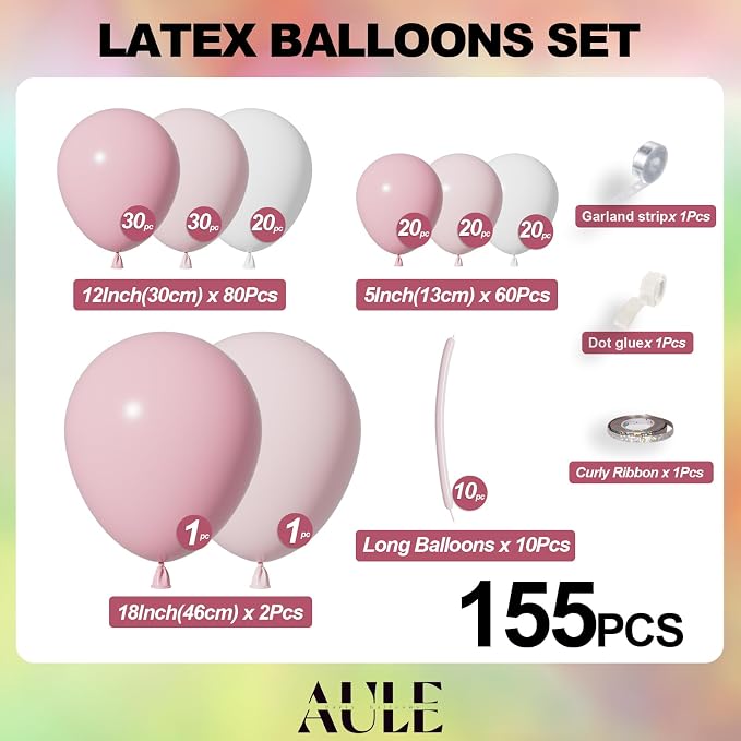 AULE Pink Balloon Arch Kit 155Pcs Macaron Light Pink White Balloons Garland for Birthday Wedding Gender Reveal Baby Shower Anniversary Bridal Princess Theme Party Decoration