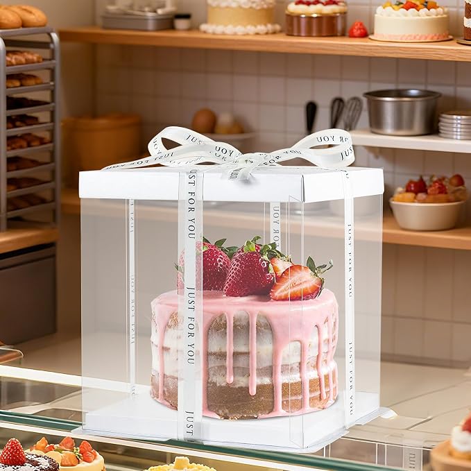 8Pcs Tall Cake Boxes Clear Box with Ribbon, 8x8x9 inch, for 6" cajas para pasteles Tiered Cakes,Transport Gift Boxes for Wedding and Gift Display. (Cream, 8 * 8 * 9 inch/8pcs)