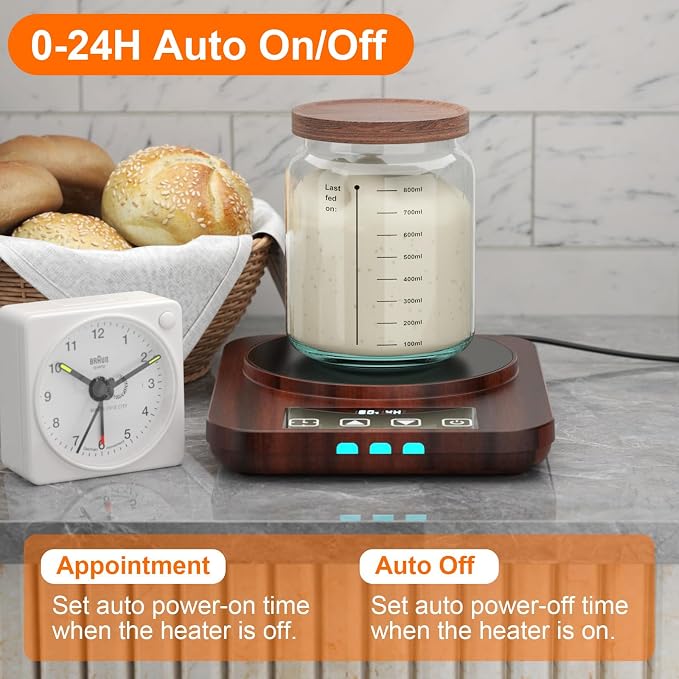 Sourdough Starter Warmer Mat - 24H Timer - Precise 1°F Thermostat Control (70-110°F) - Smart Memory Warming On/Off - Warming Heating Pad for Sour Dough Starter (Wood Grain)