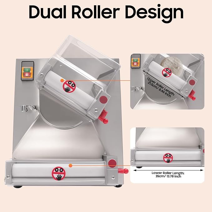 Bepritm Pizza Dough Roller Sheeter, 370W Automatic Commercial Dough Roller Sheeter with Dual Roller, 3-15"Electric Stainless Steel Pizza Press Dough Machine, Adjustable Thickness (4-12in Pizza Size)