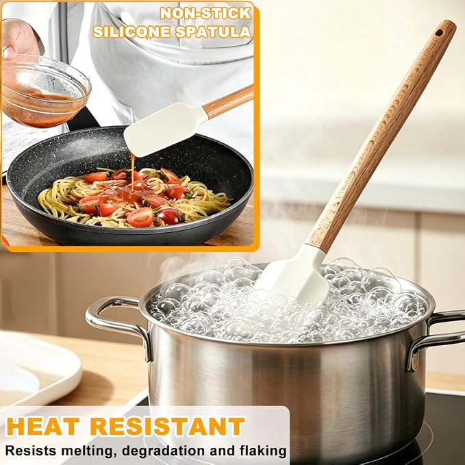 Silicone Spatula Set - 7 Piece Food Grade Rubber Spatula, Heat Resistant Up to 600°F, Wooden Handle Kitchen Utensils Set for Cooking, Baking & Mixing, Jar, Non-Stick Silicone Utensil White