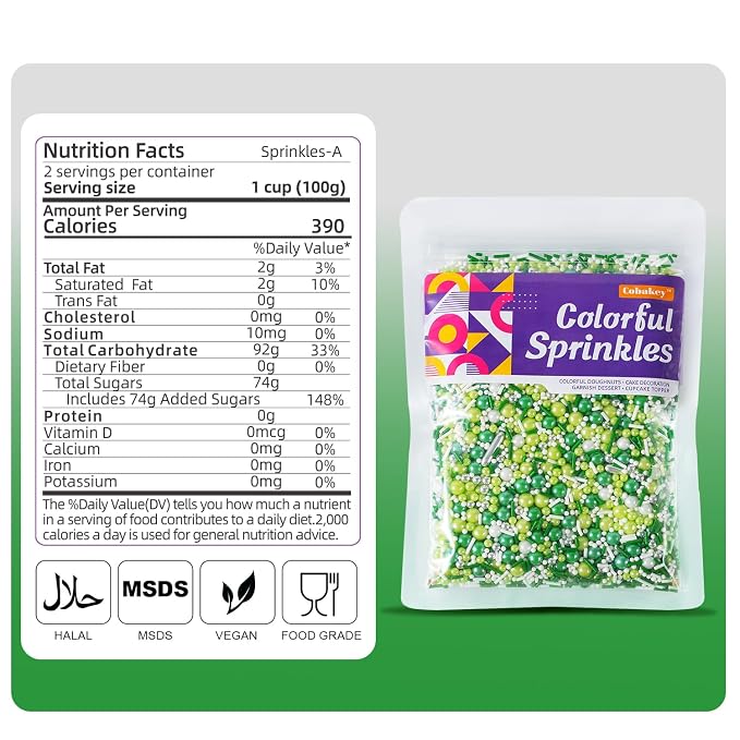 St. Patrick’s Day Sprinkles - 7oz Green and White Silver Pearls Nonpareils Jimmies Metallic Sprinkles for Cake Decorating, Cookie, Cupcake Topper, Spring St Patty's Day Baking Supplies