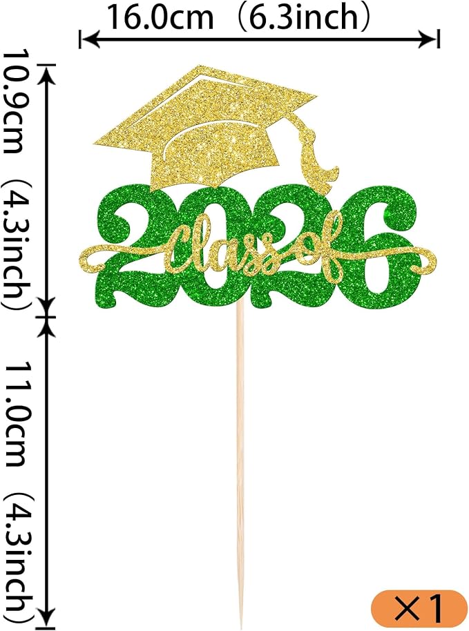 1 Pack Class of 2026 Cake Topper Glitter Congrats Grad Cap 2026 Graduation Cake Pick for 2026 Graduation Theme High School Boys Girls Graduate Party Cake Decorations Supplies Gold Green
