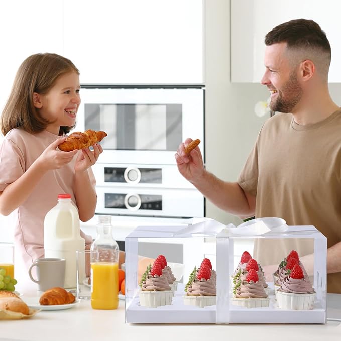 JCD 8 Pack Clear Cupcake Boxes,5.5inches height 12 Counts Cupcake Containers with Gift Ribbon,Bento Boxes with Clear Lid for 12 Cupcakes for Treat Dessert Cookies Muffins Pastry Party (12count/8pcs)