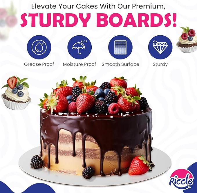 Riccle Cake Boards 8 Inch Round Pack of 50- Smooth Edged 8" Board, Disposable - Sturdy - White Cardboard Circles -Food Grade (8 Inch)