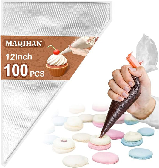 MAQIHAN 12Inch Piping Bags Disposable - 100 Pastry Bags Tipless Icing Frosting Bags Mangas Pasteleras Cake Cupcake Cookie Candy Chocolate Strawberry Decorating Baking Supplies Essentials Home Bakery