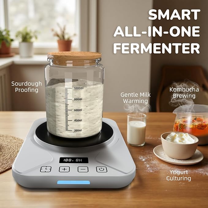 Sourdough Starter Warmer Mat - 24H Timer - Precise 1°F Thermostat Control (70-100°F) - Smart Memory Warming On/Off - Fits Jars Up to 40oz - Perfect for Home Baking (Moonlight White)
