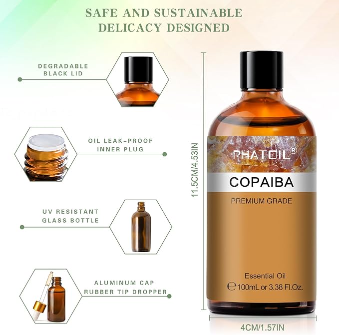 Copaiba 3.38fl.oz Essential Oil, PHATOIL Pure Aromatherapy Oils for Diffuser, Humidifier, Perfect for DIY Soap, Candle, Bath Bombs Making(100ml)