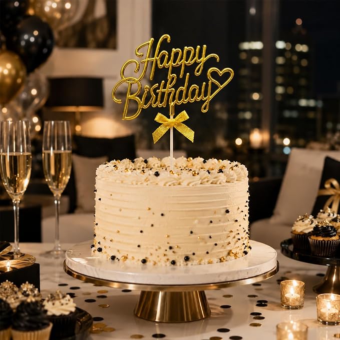 Gold Acrylic Happy Birthday Cake Topper with Heart and Bow | Glossy gold acrylic script withheart and bow adds an elegant finishing touch to birthday cakes and celebration desserts.