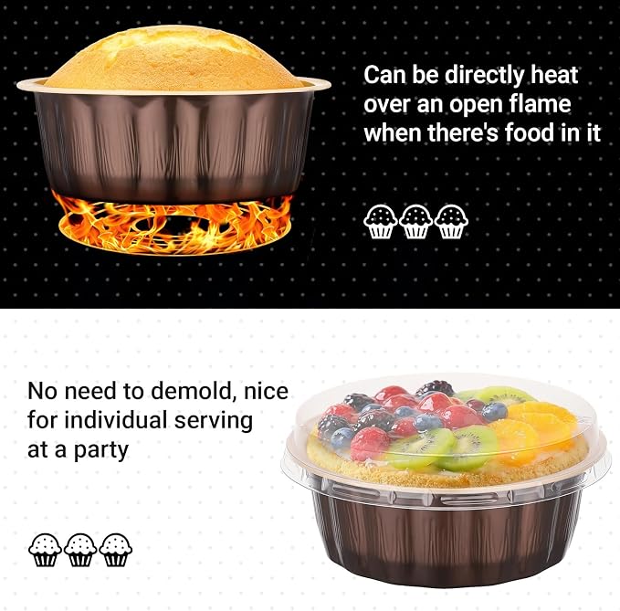 Beasea Disposable Baking Cups with Lids, 100 Pack 8oz Aluminum Foil Ramekins with Lids, 235ml Creme Brulee Muffin Cupcake Mini Pudding Baking Cups Tin for Party Birthday - Mocha Almond