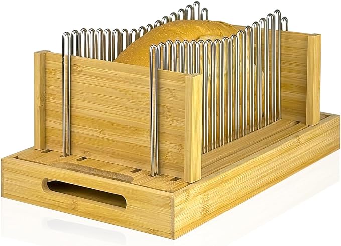 Bamboo Bread Slicer for Homemade Bread | Adjustable Width, Stainless Steel Slicing Guides, Crumb Tray, For Sourdough, Cakes, Loaves, Bagels