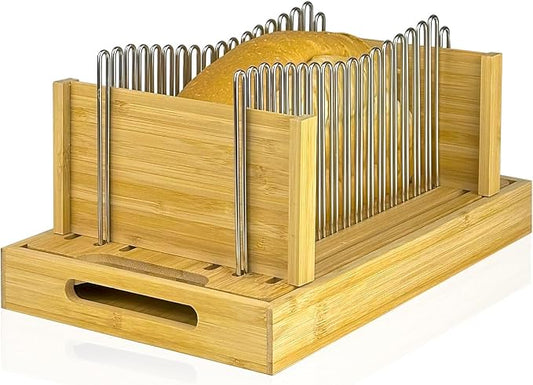 Bamboo Bread Slicer for Homemade Bread | Adjustable Width, Stainless Steel Slicing Guides, Crumb Tray, For Sourdough, Cakes, Loaves, Bagels