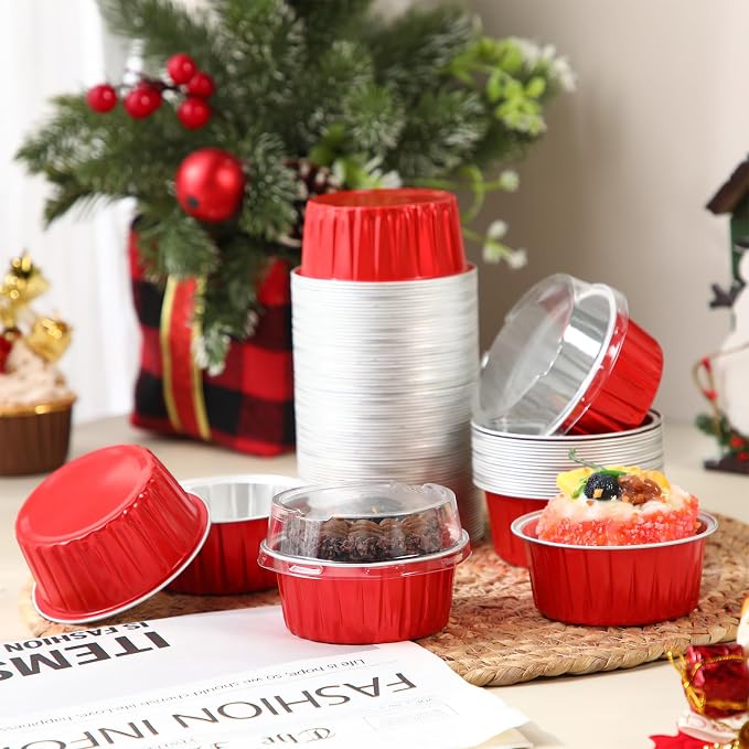 200 Pack Aluminum Foil Cupcake Liners with Lids, 5 oz Round Baking Cup, Disposable Ramekin Container for Graduation Wedding Independence Day Party(Red,Plain)