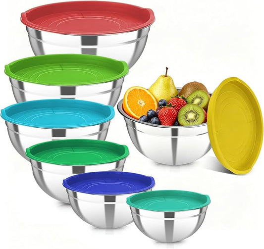7 Pcs Stainless Steel Mixing Bowls with Colorful Lids Set | Metal Mixing Salad Bowls Nesting Design for Kitchen Mixing/preping/Saving, Size: 0.7, 1.1, 1.5, 2.1, 3.5, 4, 4.5Qt