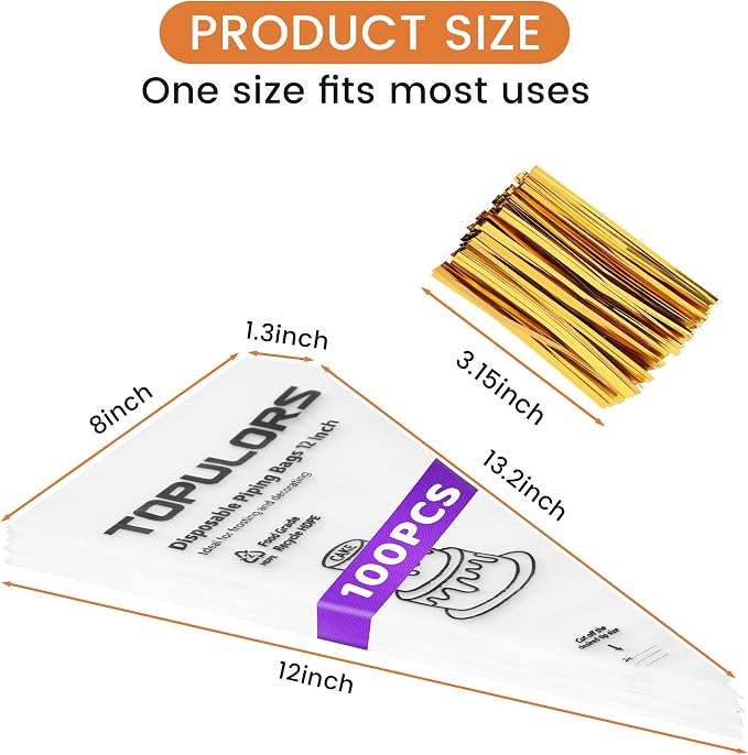 TOPULORS Disposable Piping Bags, 12"H 14" Full Size, 100PCS Pastry Bags with Twist Ties, Extra Thick Tear Resistant Non-Slip Tipless Icing Bags, Easy Squeeze for Cake Cookie Frosting Decoration