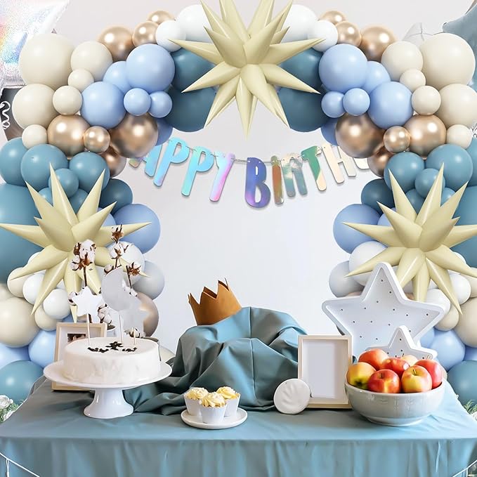 Dusty Blue and Gold Balloons Arch Kit with Beige Star Balloon, Baby Shower Balloons Garland Slate Blue Cream White Champagne Gold Balloons for Boho Boy Birthday Party Wedding Bridal Shower Decorations