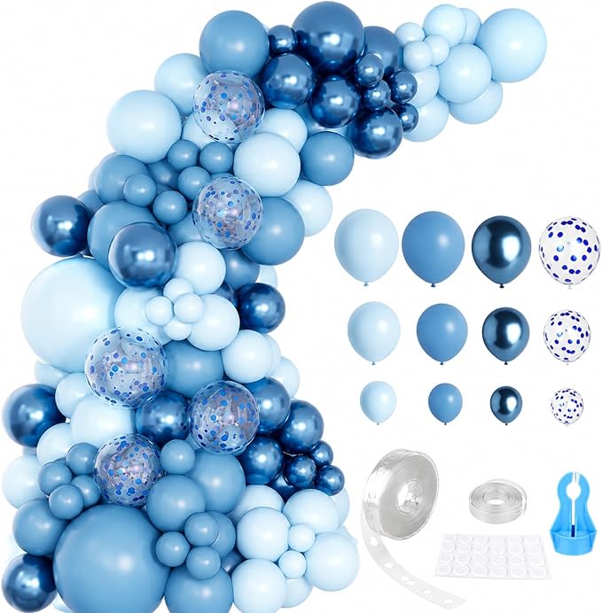 141 Pcs Blue Balloon Garland Arch Kit - Macaron & Metallic Chrome Blue Balloon Set with Confetti Balloons for Baby Shower, 1st Birthday, Wedding, Gender Reveal Party Decorations