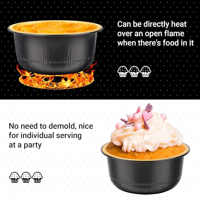 Beasea Aluminum Foil Ramekin Cups With Lids, 50 Pack 6.1oz 180ml Mini Disposable Foil Ramekins Aluminum Round Oven Baking Cupcake Cups for Party - Black Gold