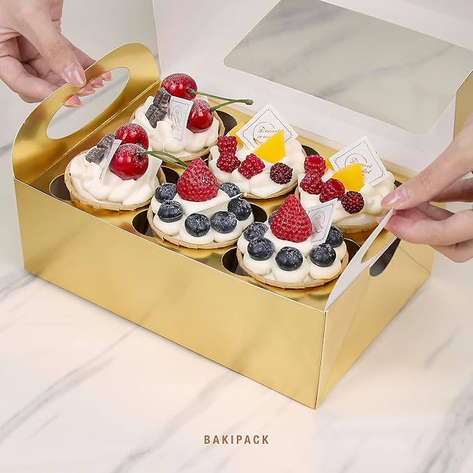 25 PCS Cupcake Boxes, Gold Cupcake Boxes 6 Count with Window and Inserts, Cupcake Holders for Cupcakes, Muffins, Cookies, Pastries