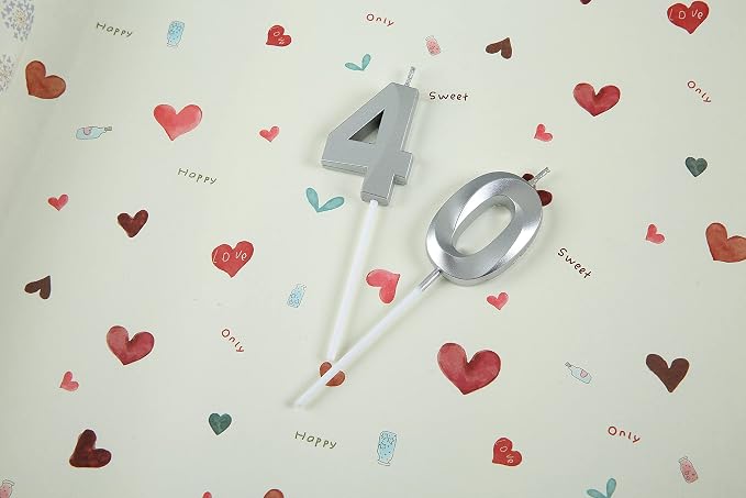Silver 40th Birthday Candles, Number 40 Cake Topper for Birthday Decorations Party Decoration