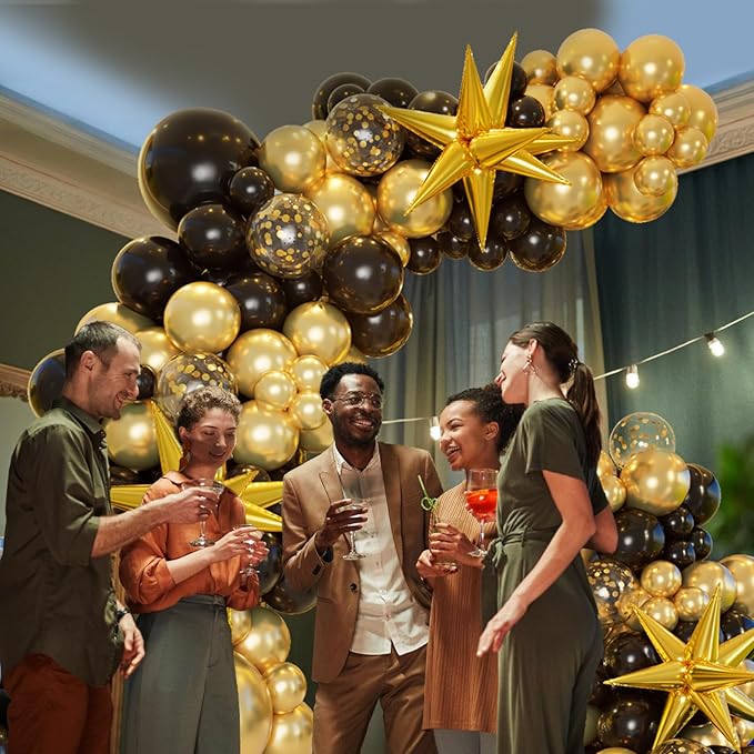 Bonropin 161pcs Black and Gold Balloons Garland Arch Kit with Explosion Star Balloons, 5/10/12/18in Black Gold Confetti Latex Balloons for Anniversary Birthday Party 2025 Graduation Decorations