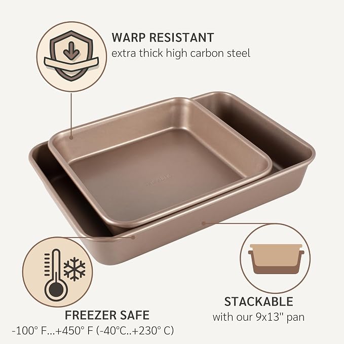 HAPPIELS 9x9in Square Baking Pan Nonstick for Oven Baking, PFOA & BPA Free | Non Toxic 9 x 9 Inch Cake & Brownie Pan | Best Nontoxic Square 9x9 inches Pans Non Stick| Carbon Steel Gold bakeware