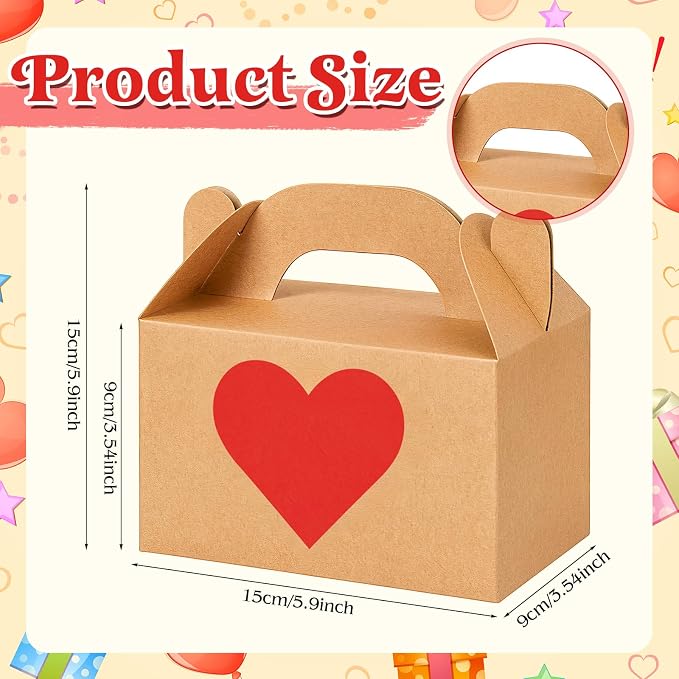 Colarr Mother's Gift Treat Boxes Hearts Prints Galentine Cookie Boxes with Handles 5.9 x 3.5 x 3.5 Inches Goodie Candy Container Kraft Paper Party Favor Holder(24 Pcs)