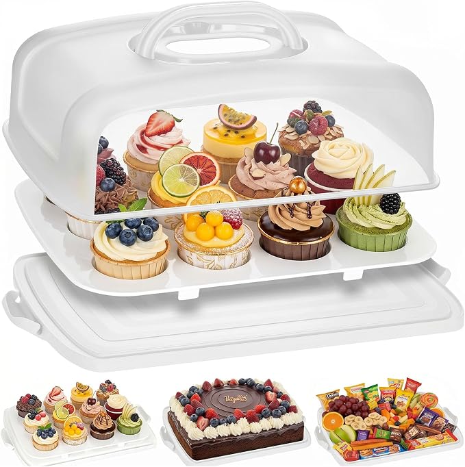 VGOODALL Cake Carrier, 12 Capacity Large Cupcake Holder, 3-in-1 Rectangular Cake Containers for Pies Muffin Candies Fruits Snacks, Dessert Storage Box for Parties, Picnics, Baking(14.8×10.9×3.1)