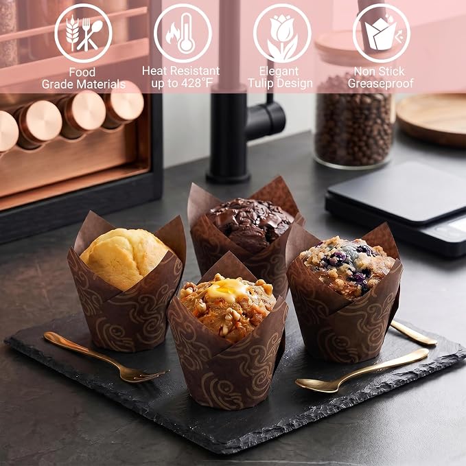 200 Pcs Brown Tulip Cupcake Liners for Baking, Brown Wavy Line | Standard Greaseproof Tulip Muffin Liners for Baking, 3oz Brown Paper Cupcake Wrappers for Party Wedding Birthday
