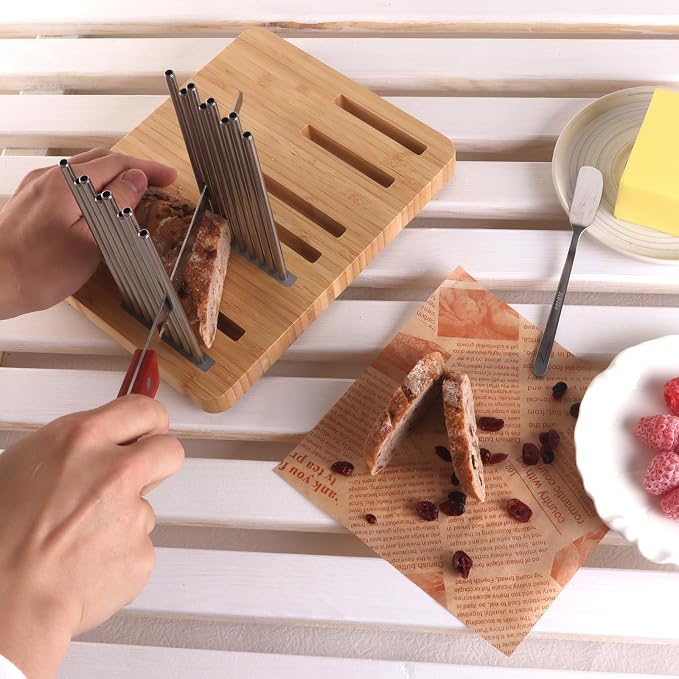 Bamboo Bread Slicer for Homemade Bread,Stainless Steel Slicing Guide for Bread, Adjustable Width, Foldable and Compact Cutting Guide, Bread Slicer for Sourdough Rounds, Bagels, Cake,Toast