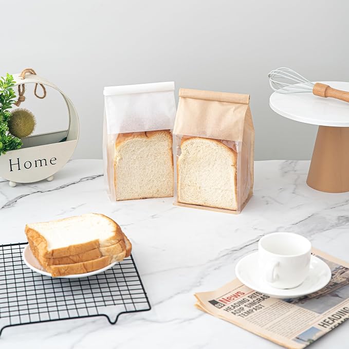 50 Pcs Bread Bags for Homemade Breads, 5.1 x 3.9 x 11 Inch Small White Bakery Bags with Tin Tie, Cotton Paper Loaf Bag, Storage Packing Bag with Clear Window