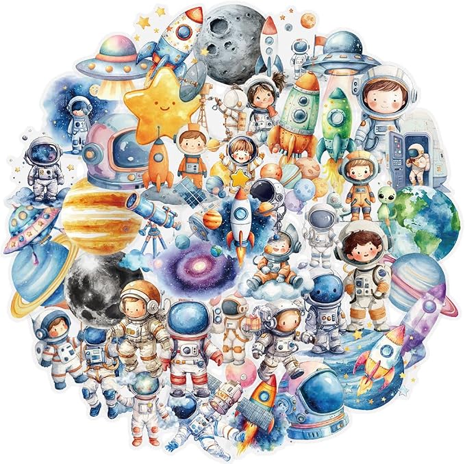 Space Stickers,100PCS Astronaut Cute Cartoon Spaceman Rocket Planet Decals Waterproof Vinyl Stickers Scrapbook Laptop Skateboard Galaxy Space Themed Party Favors