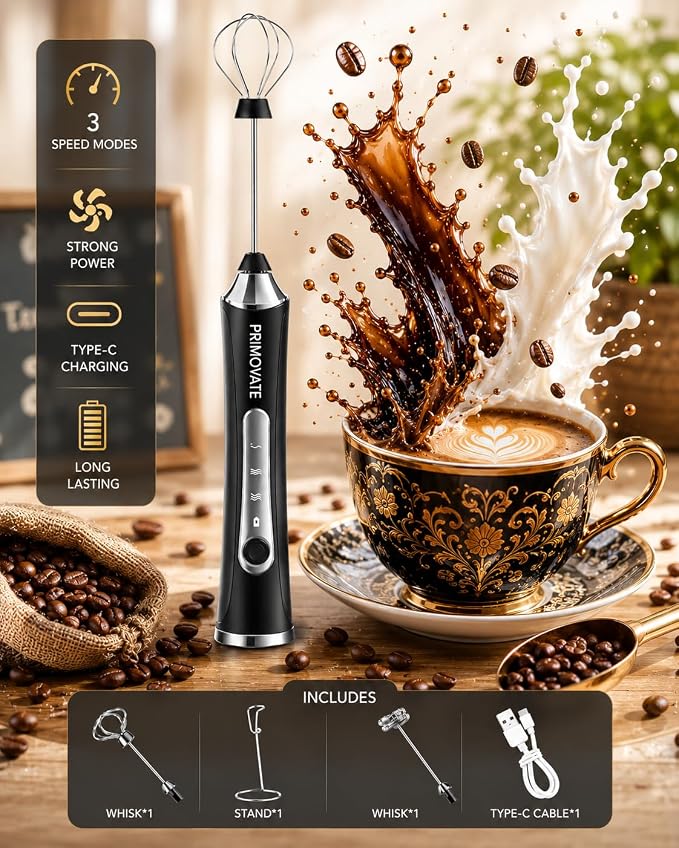 Rechargeable Milk Frother Handheld, Electric Coffee Frother with 2 Whisk, 3-Speed Powerful Drink Mixer, USB-C, Milk Foamer for Coffee,Latte,Cappuccino,Matcha & HotChocolate (Black+Stand)