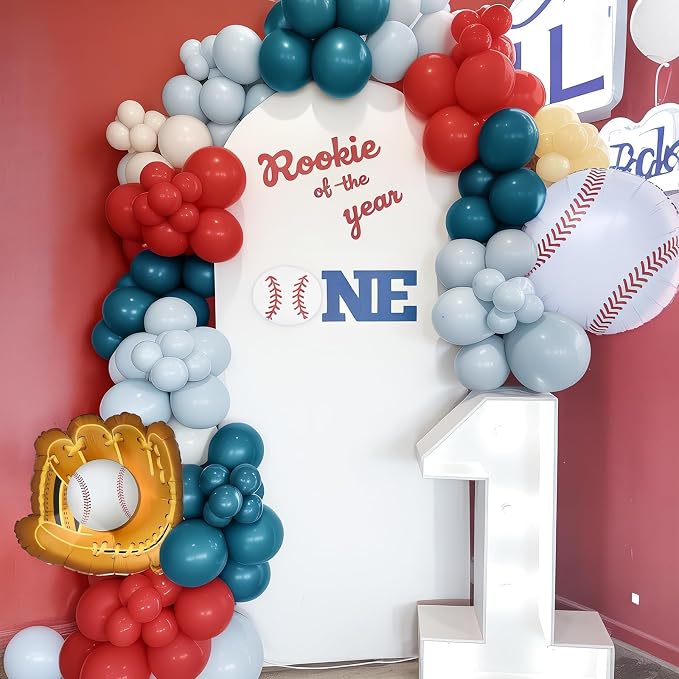 Baseball Balloon Arch Kit, 4th of July Balloon Arch Red Dusty Slate Blue Ivory Nude Balloons Garland With Baseball Foil Balloons for Men Boys Baseball Birthday Party Decorations Sport Patriotic Party