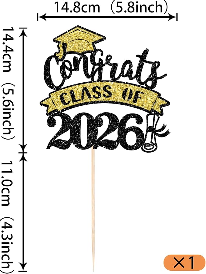 1 Pack Congrats Class of 2026 Cake Topper with Gold Black Glitter Diploma Graduation Cap Cake Pick Contrats Class of 2026 Cake Decorations for 2026 Graduation Theme High School Boys Girls