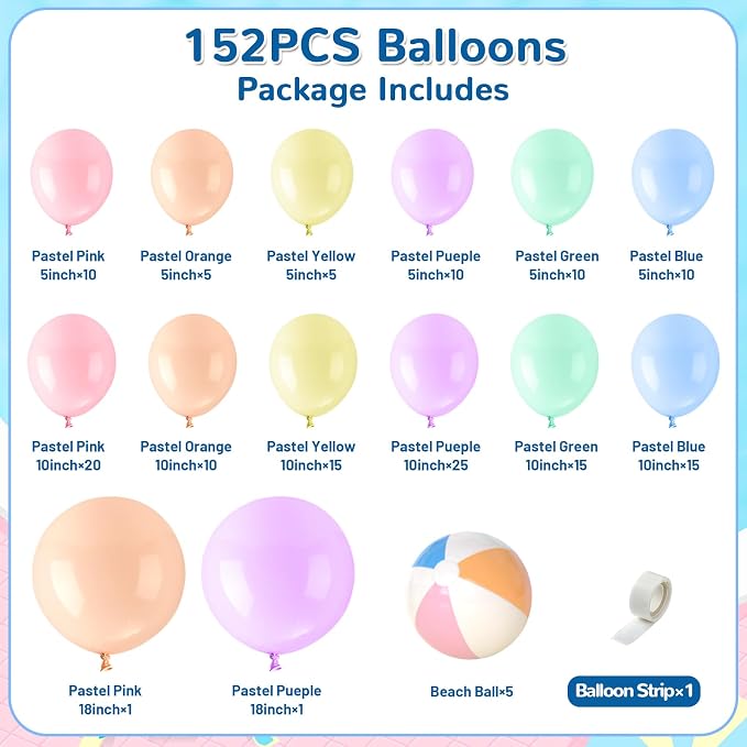 152PCS Summer Beach Balloon Arch Kit Pool Colorful Macaron Balloon Garland for Swimming Party Decorations Pastel Pink Beach Ball Birthday Wedding Gathering Supplies Decor
