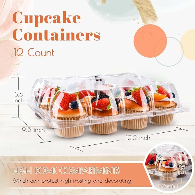 Cupcake Containers with Tall Dome Lids, Clear Plastic Stackable 12 Count Boxes, 6 Pack, Holds 72 Cupcakes