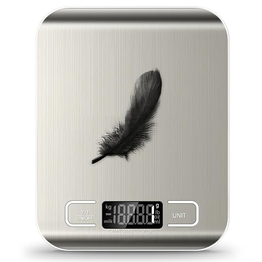 Food Scale, 11lb Kitchen Scale with 6 Units Tare Function & LCD Display, 0.05oz/1g Stainless Steel Digital Food Scale Grams and Ounces for Baking, Cooking, Dieting and Meal Prep (Batteries Included)