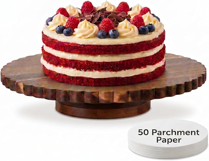 13"Scalloped Acacia Wood Cake Turntable Rotating Cake Stand with Lazy Susan | cake turntable for decorating,cake spinner,scalloped rotating cake stand,lazy susan organizer for cabinet