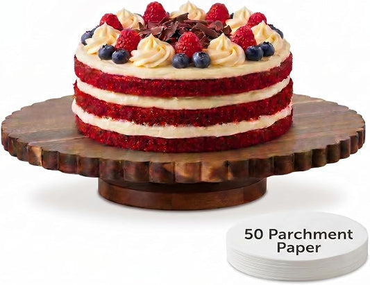 13"Scalloped Acacia Wood Cake Turntable Rotating Cake Stand with Lazy Susan | cake turntable for decorating,cake spinner,scalloped rotating cake stand,lazy susan organizer for cabinet