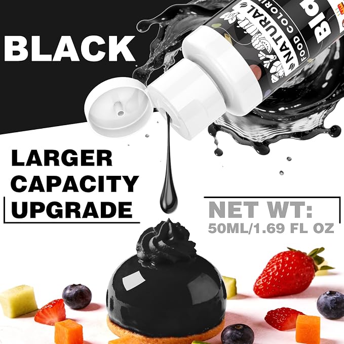 Black Natural Food Coloring - 50ml Plant Based Food Dye, No FD&C & Artificial Dyes, Gluten-Free, Food-Grade, Vibrant Liquid Colors for Icing, Baking, Cake Decorating, Frosting, Fondant, Slime - 1.69 Fl.Oz Bottles