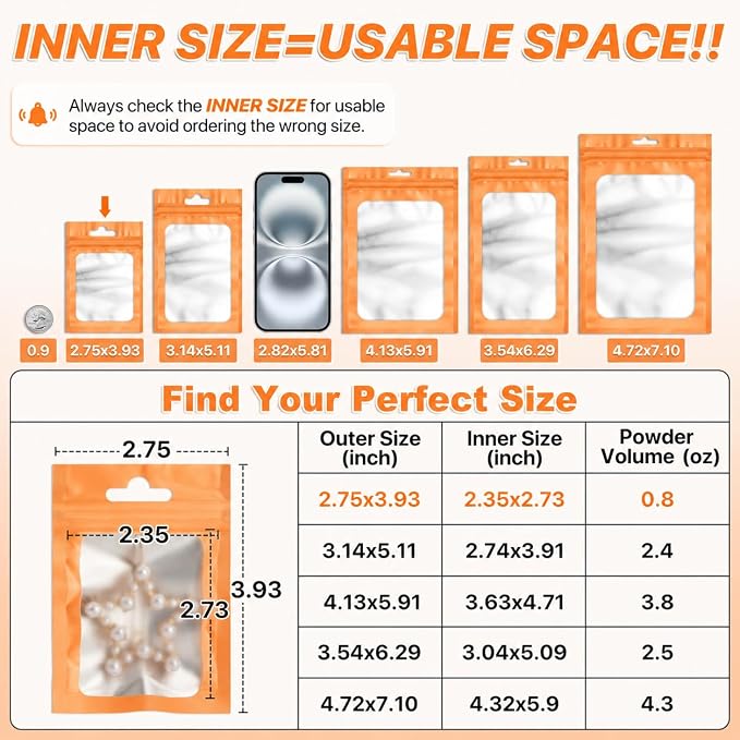 ANZNKU 100 Pack Orange Resealable Mylar Bags with Frosted Clear Window 2.75x3.93", Smell Proof Sealable Packaging Bags for Small Business, Foil Pouch Zip Goodie Bag for Candy Treat Jewelry