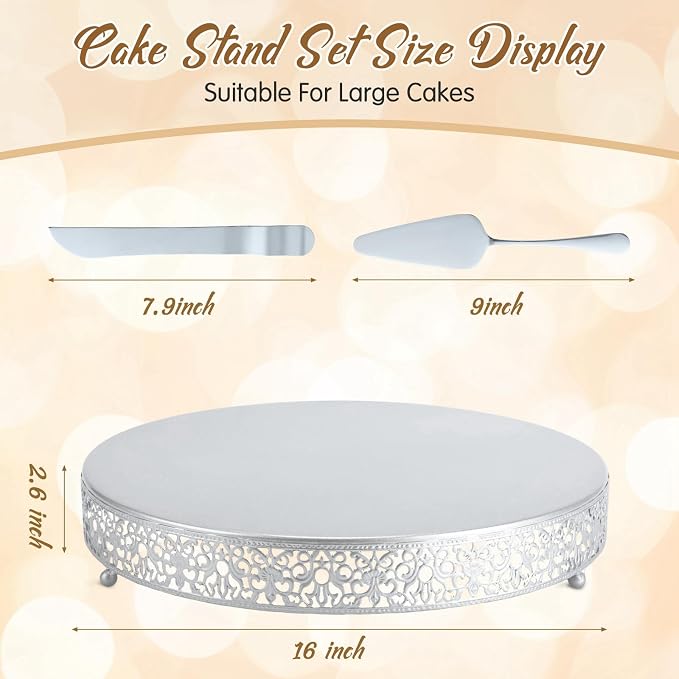 Wenqik 16 Inch Silver Cake Stand Set Metal Round Cupcake Dessert Stand with Cake Cutting, Spatula Wedding Cupcake Pastry Display Candy Holder Display for Wedding Party Birthday Baby Shower(Classic)